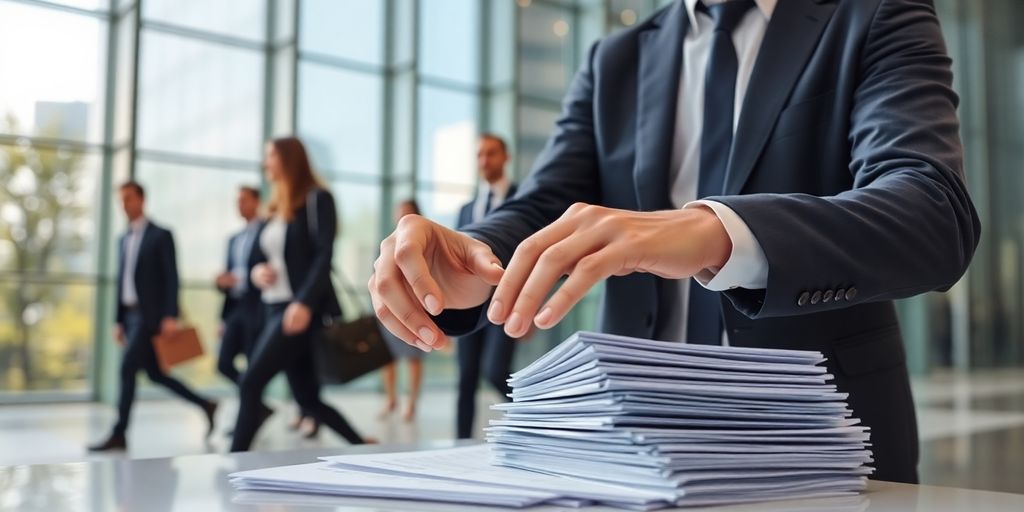 Corporate building, financial documents, busy people