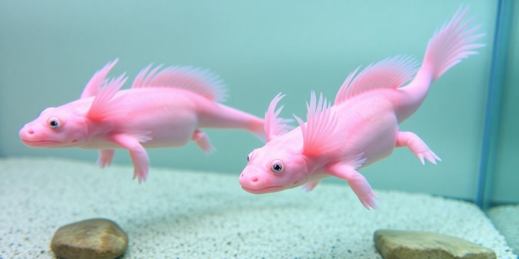 Two healthy axolotls swimming in a freshwater aquarium.