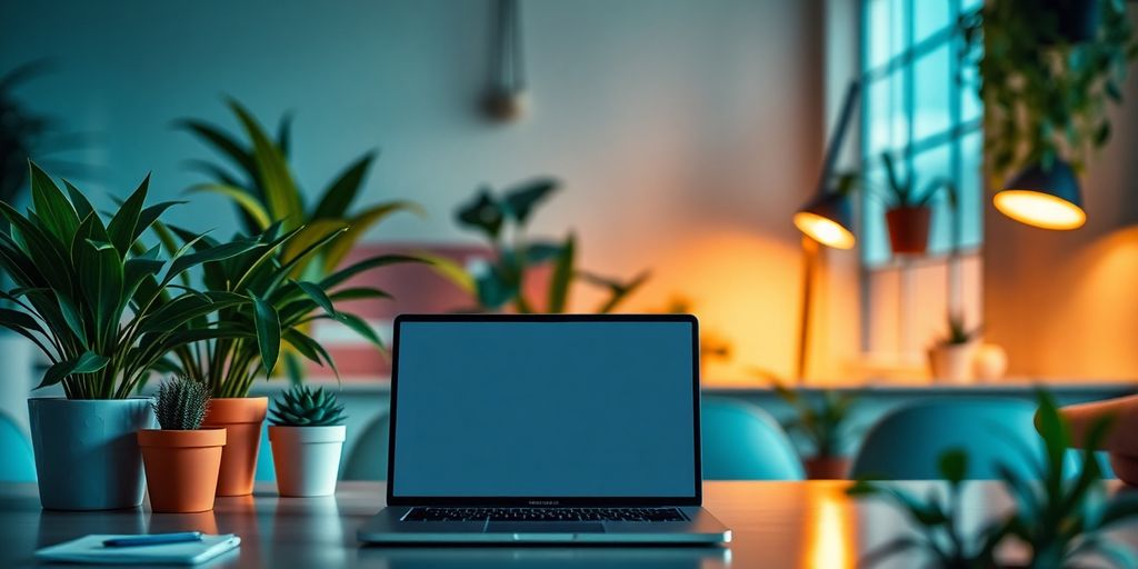 A modern workspace with a laptop and plants.
