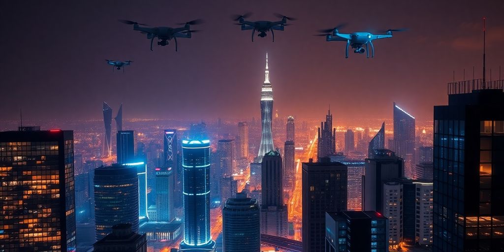 Futuristic city skyline with glowing technology and drones.