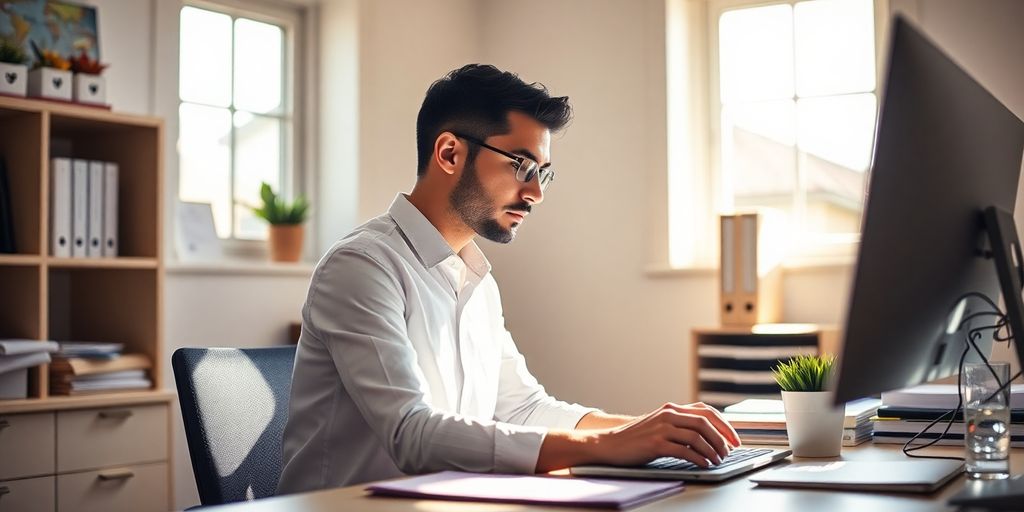 Person focused at a clean, sunlit desk, working calmly.