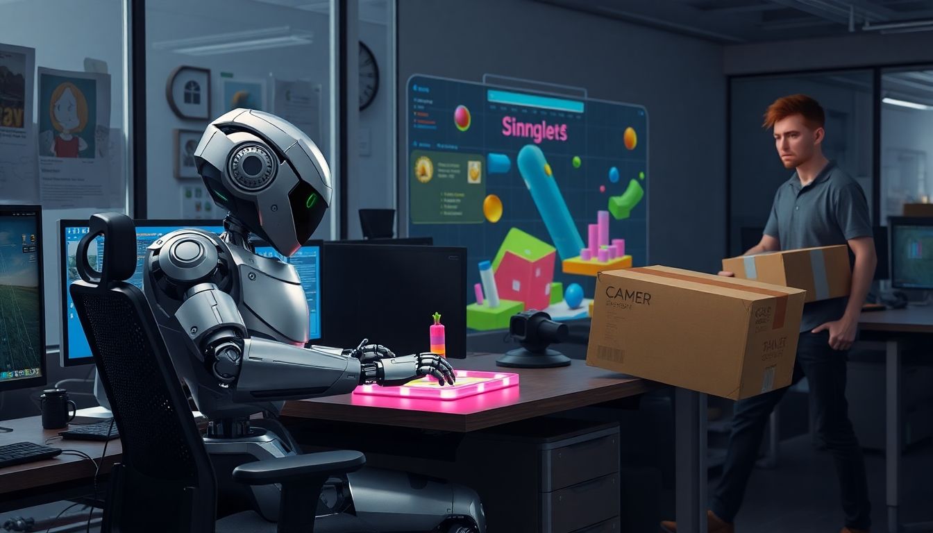 Robot occupies game developer’s desk as human leaves with box.