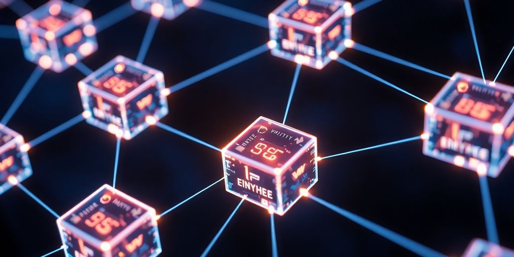 Interconnected digital blocks, glowing lines, secure network.