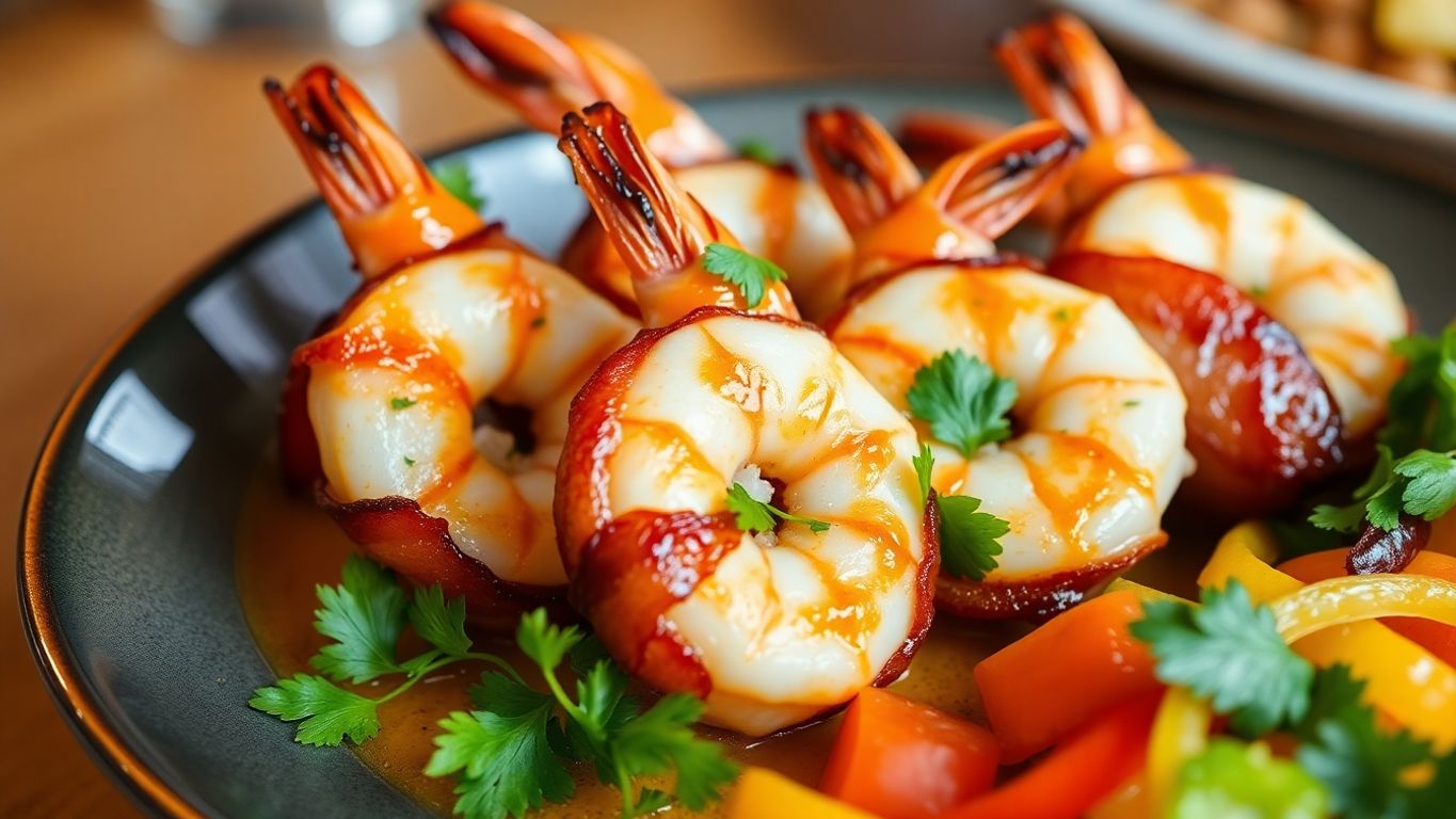 Camarão enrolado em bacon com guarnições coloridas.