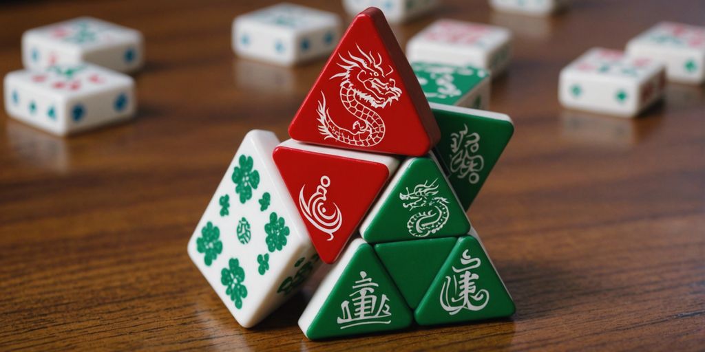 Three Mahjong dragon tiles (Red, Green, White) arranged in a triangle on a wooden table.