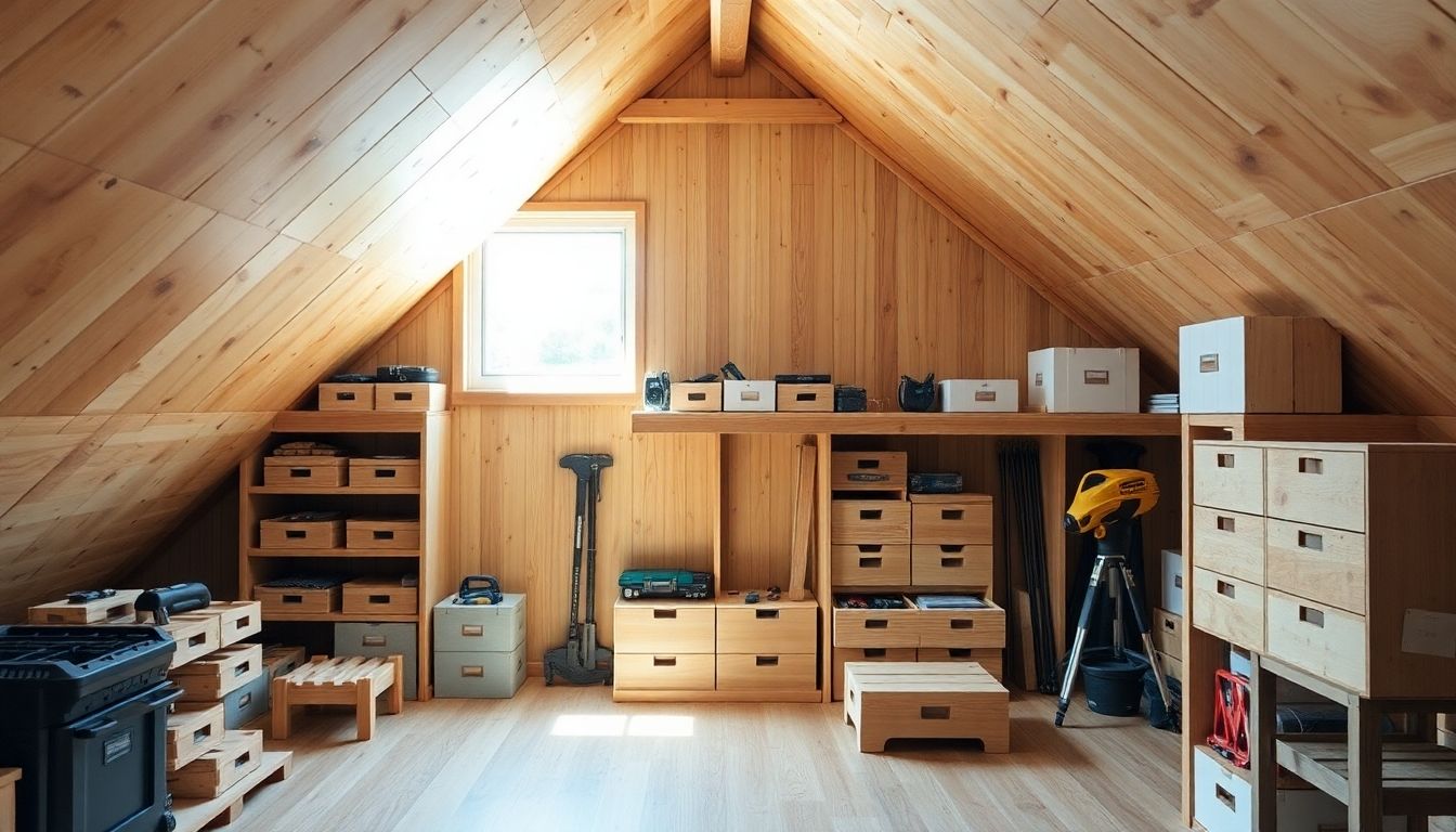 Realistic loft storage with wooden shelves and boxes.