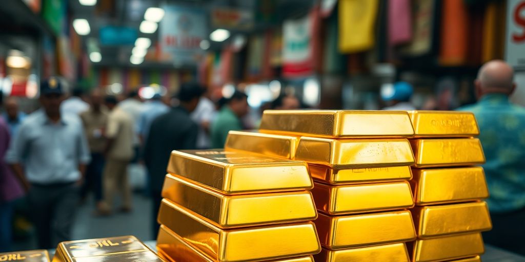 Des barres d'or empilées sur un fond flou.