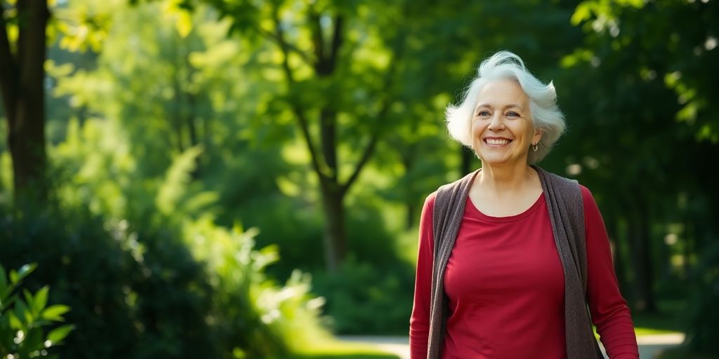 Smiling senior woman enjoying a walk in a sunny park.