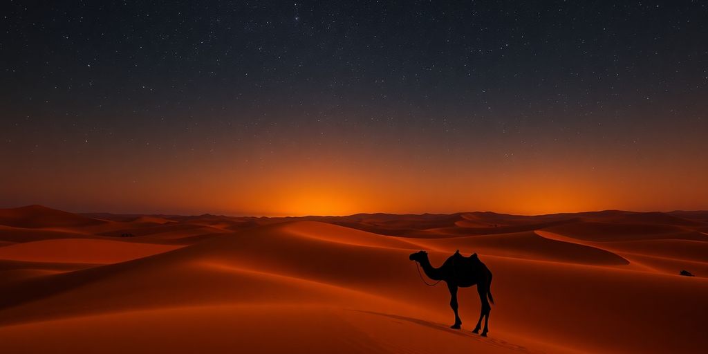 Camel silhouette against starry Moroccan desert night.