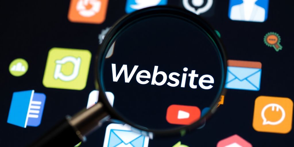 Magnifying glass over website icons.