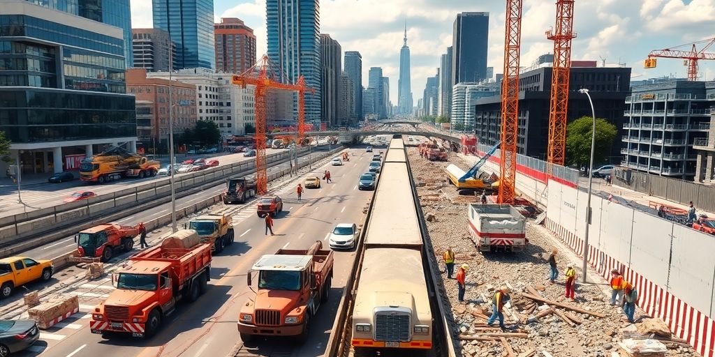 Trabalhadores e maquinário em construção de infraestrutura pública.
