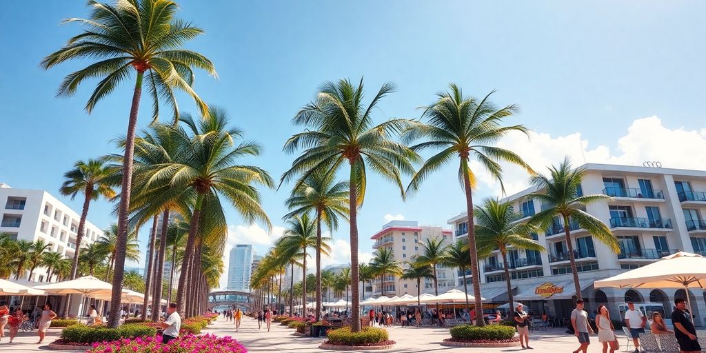 Sunny day in Aventura with palm trees and vibrant flowers.