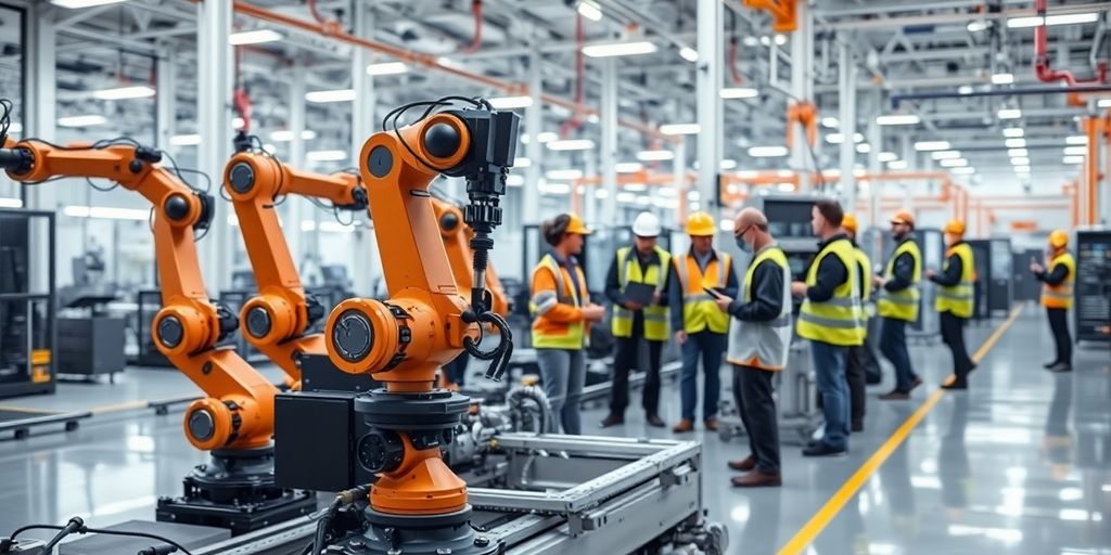 Robots working alongside humans in a modern factory.