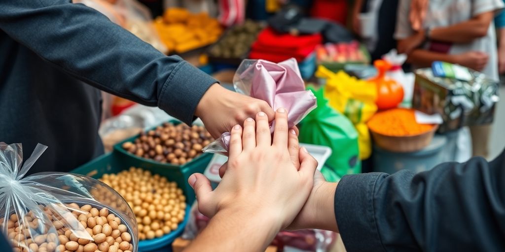 Diverse items being exchanged between hands.