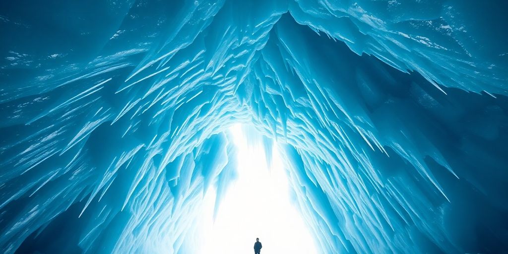 A hiker stands inside a vast, glowing blue ice cave.