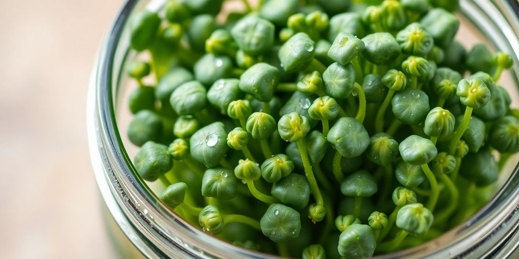 Freshly harvested broccoli sprouts in a glass jar.