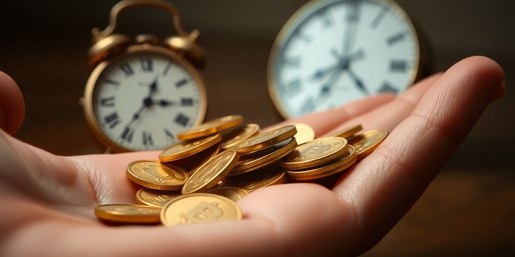 Coins falling into hand, small clock.