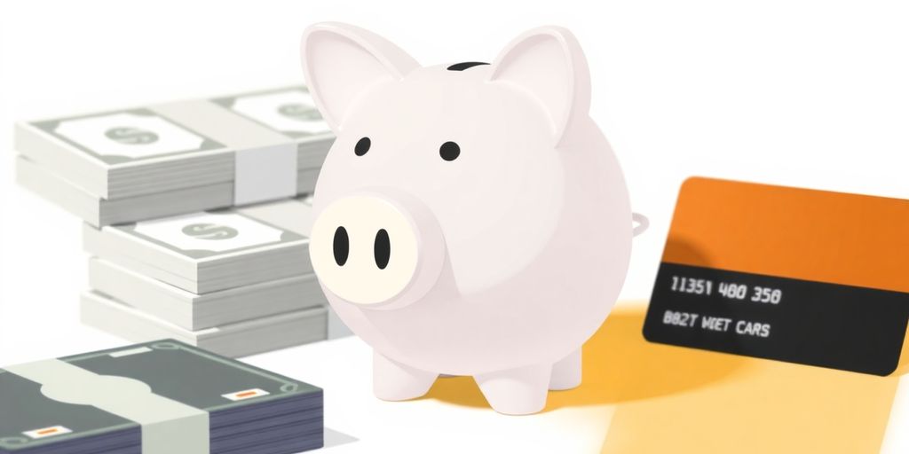 Piggy bank, cash, and credit card.