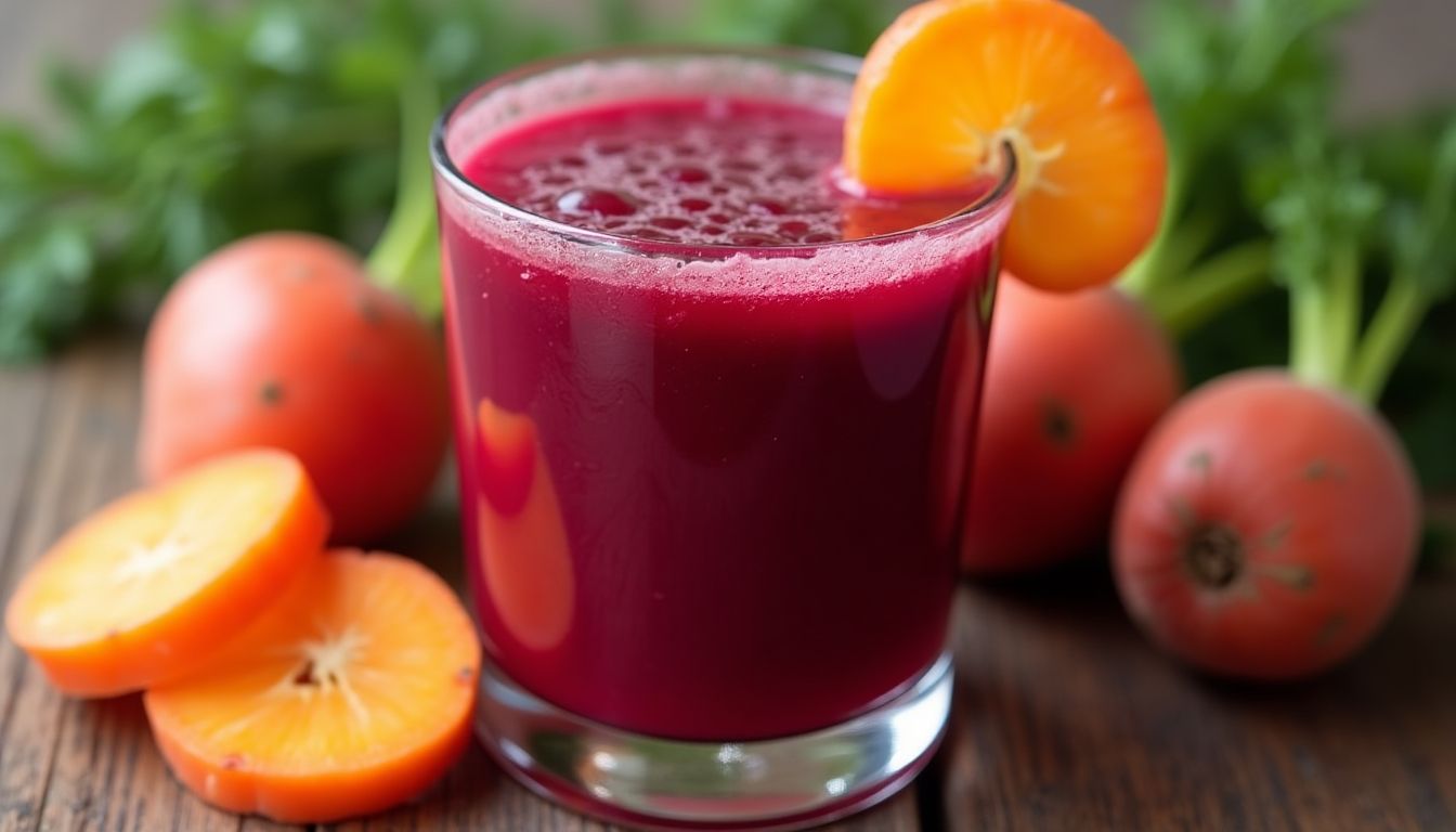 Beetroot and carrot juice in a clear glass.
