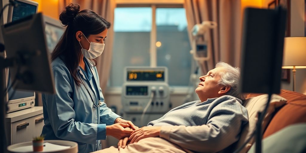 Healthcare professional with patient in a home clinic setting.