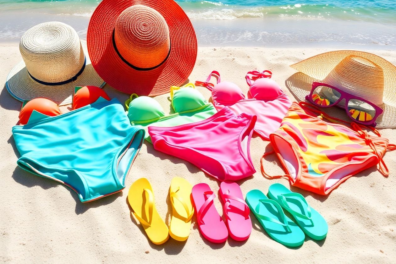Colorful beach outfits on sand with ocean background.