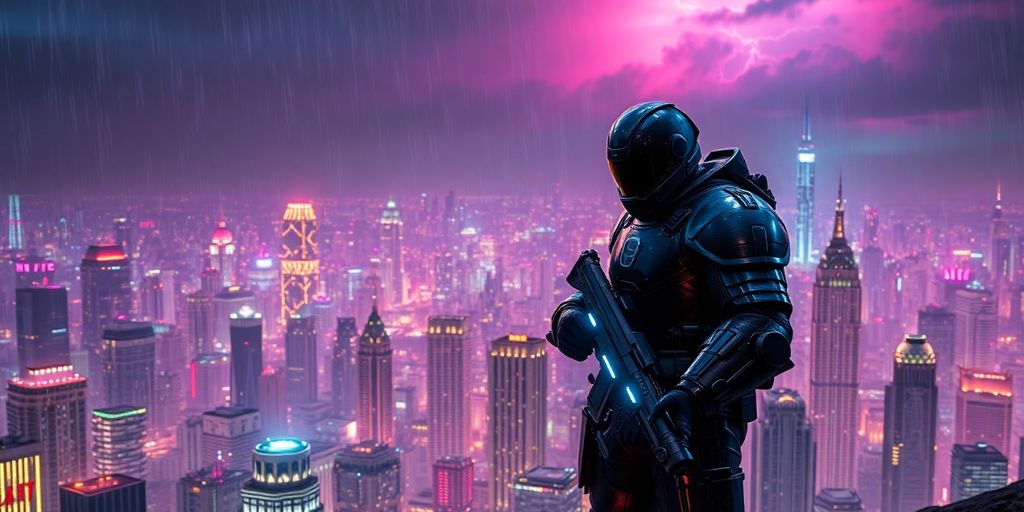 Cyberpunk character in front of futuristic cityscape.