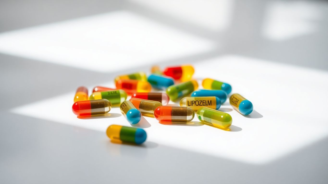 Close-up of colorful Lipozem capsules on a surface.
