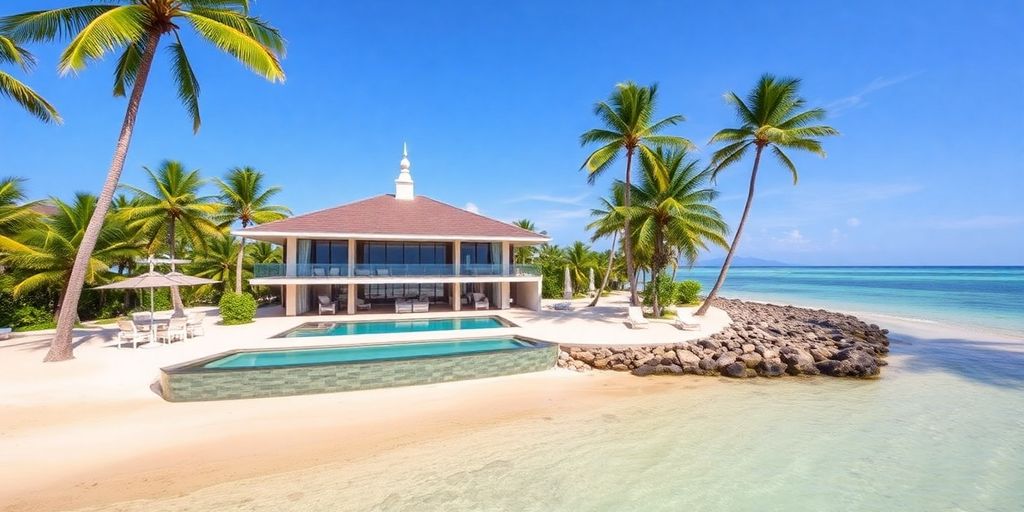 Beachfront villa with palm trees and infinity pool.