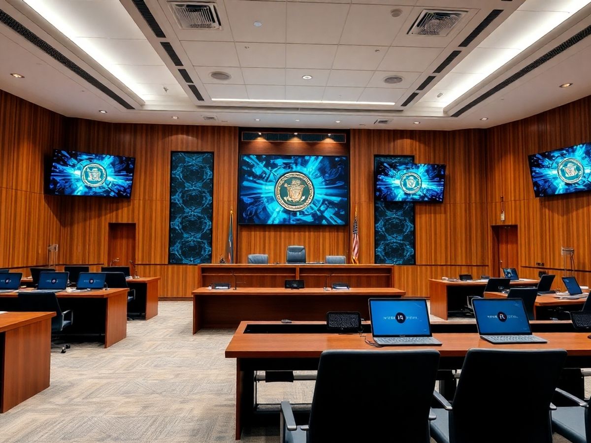 Sală de judecată modernă cu tehnologie avansată.