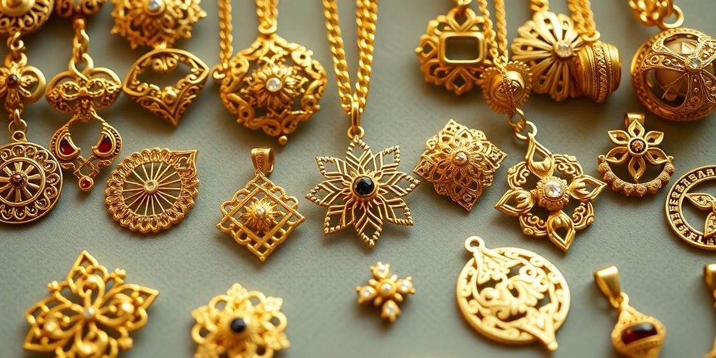 Bijoux en or variés et uniques, exposés avec élégance.
