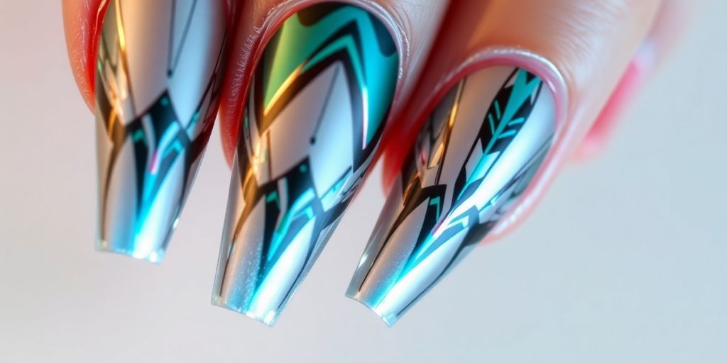 Unhas futuristas com padrões geométricos e cores metálicas.
