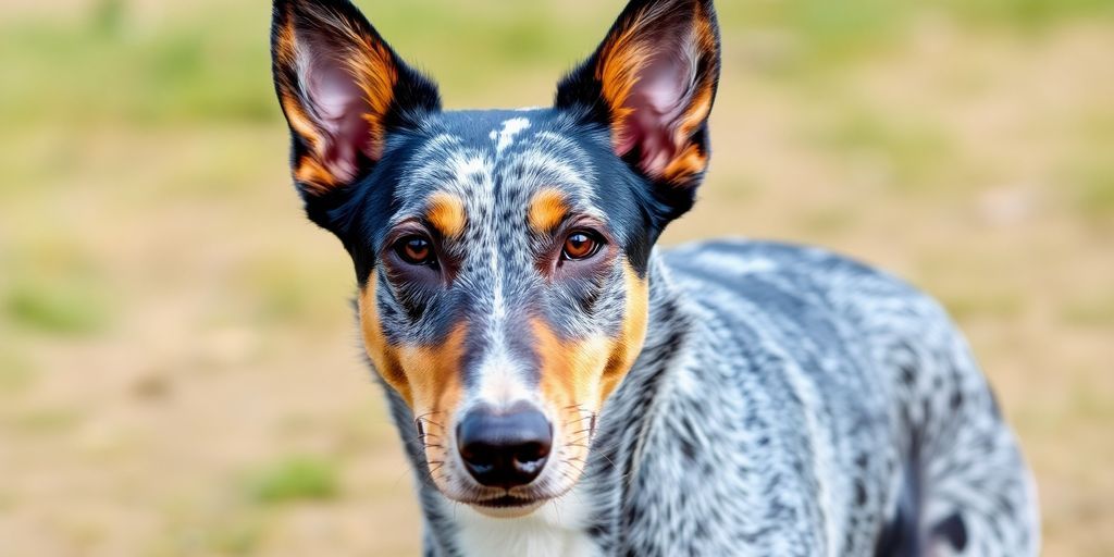Blue Heeler dog outdoors with attentive expression.