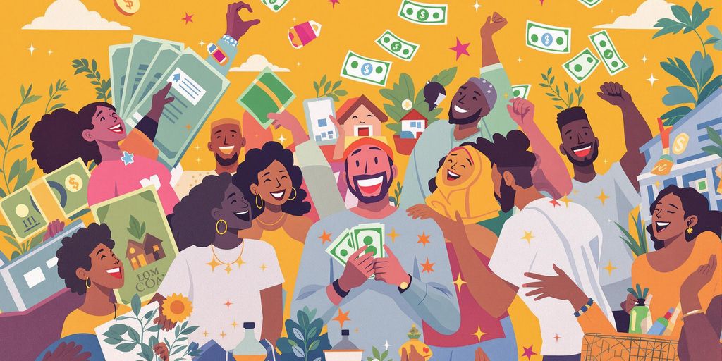 Grupo diverso de brasileiros celebrando alívio financeiro.