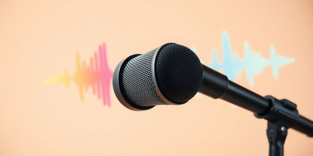 Podcast microphone and sound waves for maximum reach.