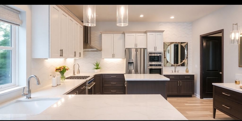 Modern kitchen and bathroom design with elegant fixtures.