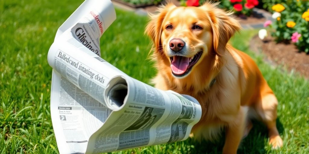 A golden retriever fetching a newspaper in sunlight.
