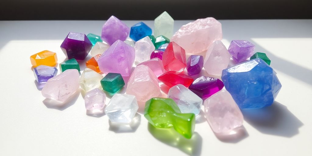 Vari cristalli colorati su una superficie liscia.