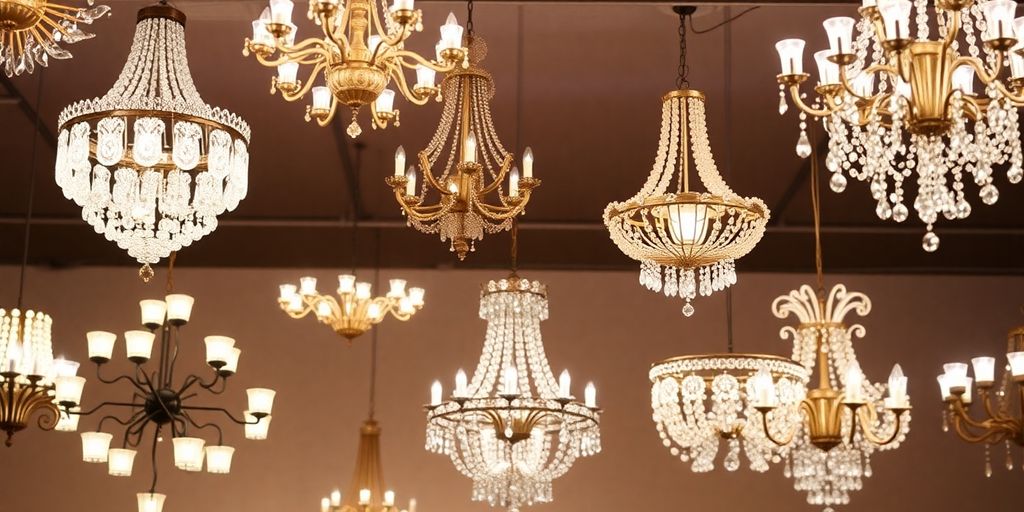 Various elegant chandeliers in a stylish home setting.