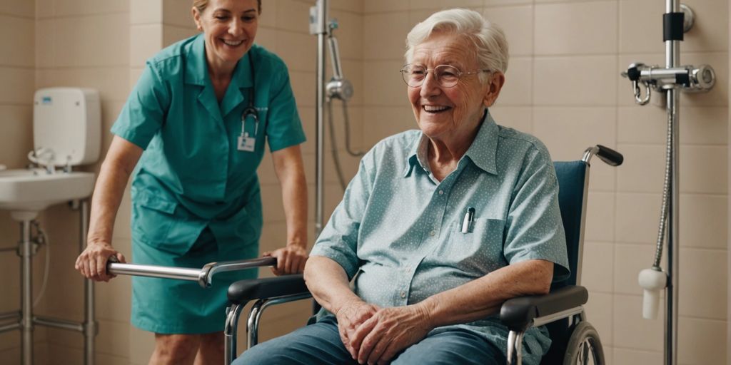Elderly person on a rented shower chair with a caregiver, showcasing other medical equipment available for rent.