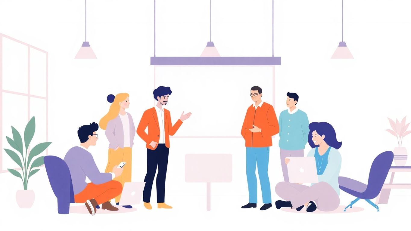 Illustrasjon av mennesker som samarbeider i et kontormiljø.