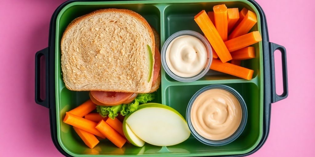 Colorful healthy lunchbox with sandwich, fruits, and vegetables.