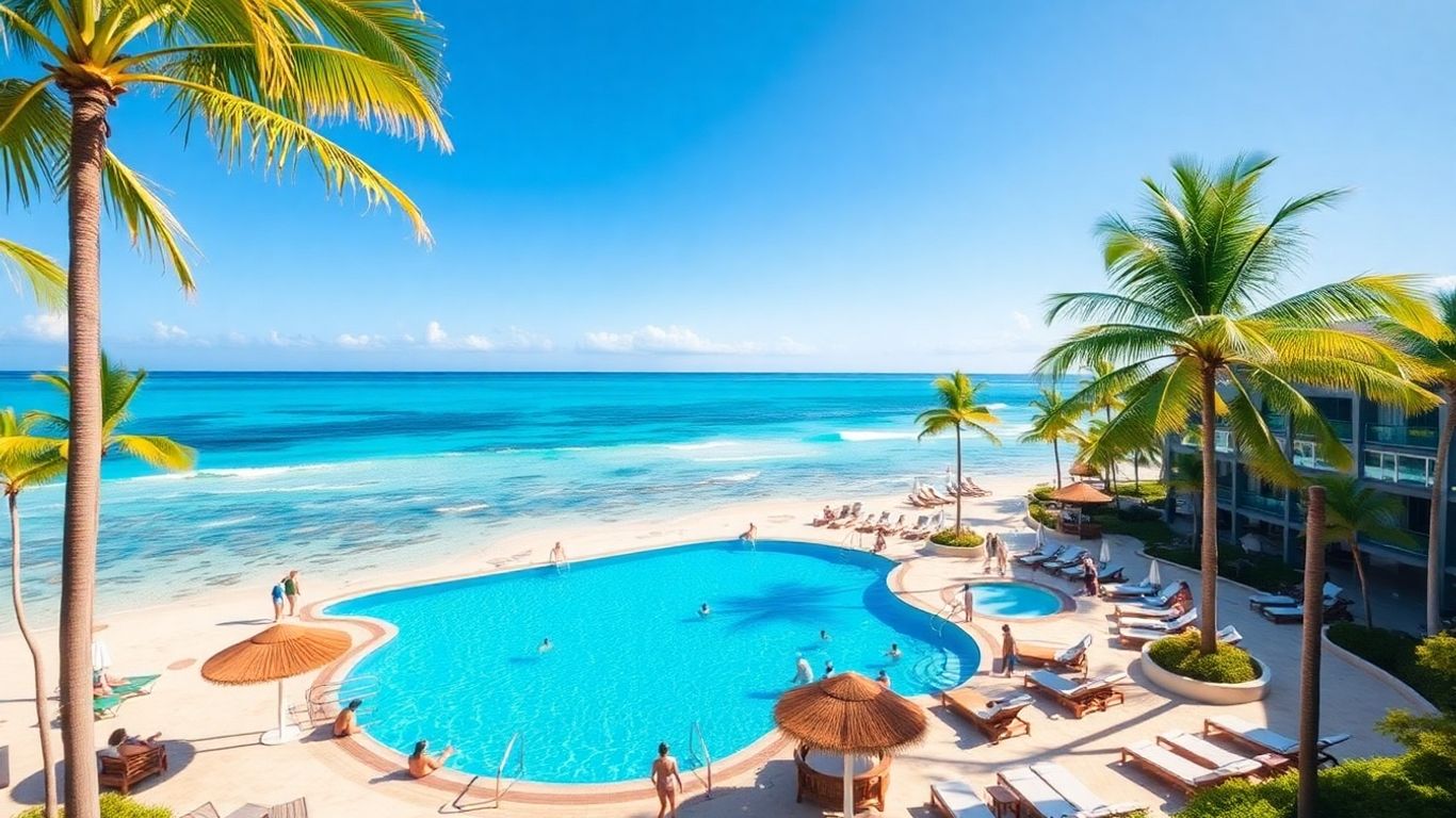 Tropical beach resort with pool and palm trees