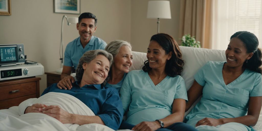 Happy family at home with essential medical equipment like a hospital bed and oxygen tank, ensuring comfort and care.