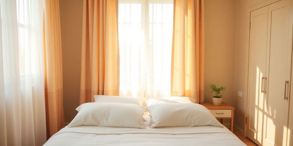 Sunlight streaming into a calm bedroom.