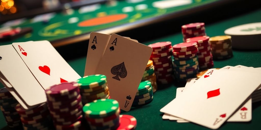 Blackjack cards and chips on a green felt table.