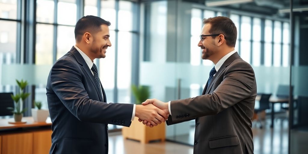 Lawyer shaking hands with a client in an office.