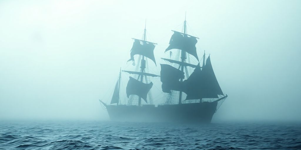 Ghost ship Mary Celeste in foggy sea.