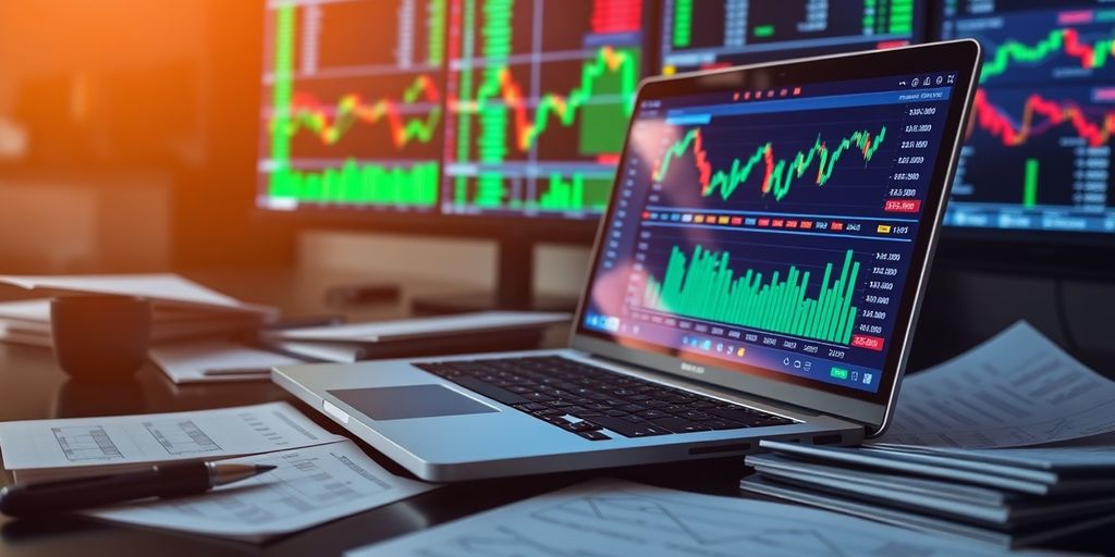 Trading workspace with laptop and stock market materials.