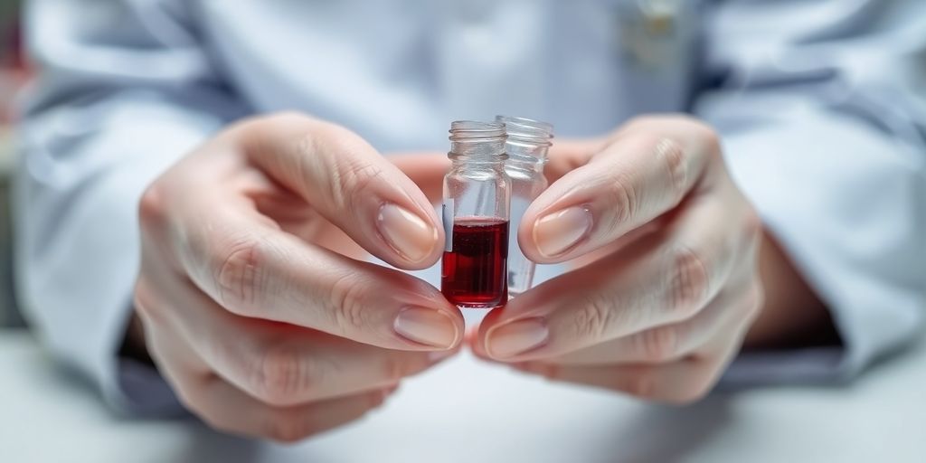 Close-up of a medical professional holding a blood sample vial.