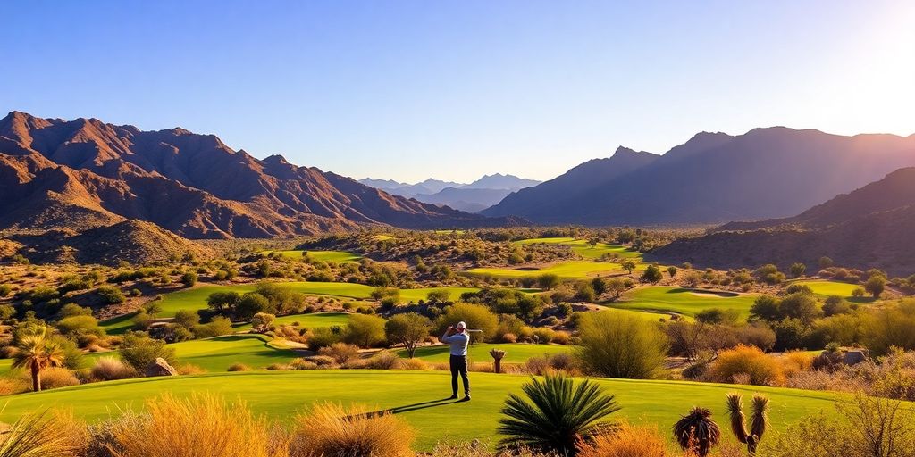 Desert golf course in Scottsdale with mountains in background.